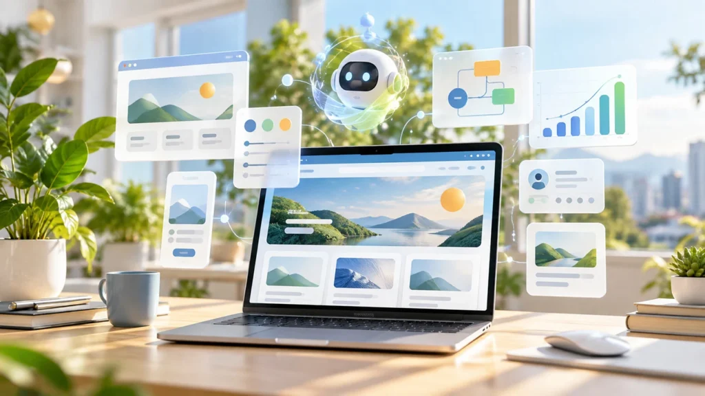 Modern business website design in 2027 integrating AI, analytics, user experience and digital business strategy.