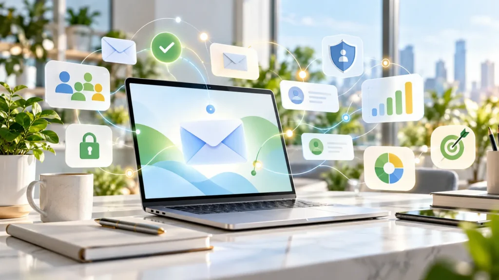 Модерен работен простор што симболизира e-mail промоција, доверба и дигитална стратегија во 2027 година