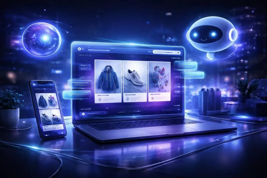 AI e-commerce architecture with a custom WordPress and WooCommerce online store.